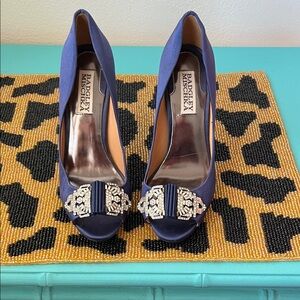 Badgley Mischka Navy Satin Peep-Toe Heels with Crystal Embellishment